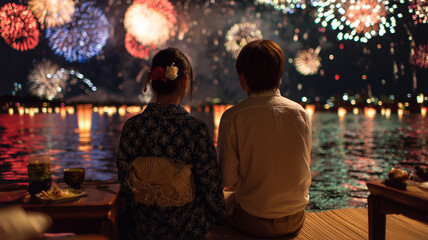Obraz premium 川辺で彩る夏夜の花火観賞