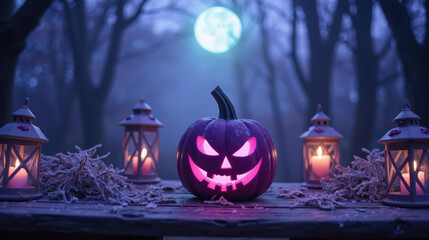 Spooky Halloween scene featuring carved pumpkin with sinister grin, surrounded by glowing lanterns and misty woods under full moon