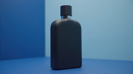 Sleek black bottle on blue background, showcasing modern design and elegance. Perfect for fragrance or cosmetic products