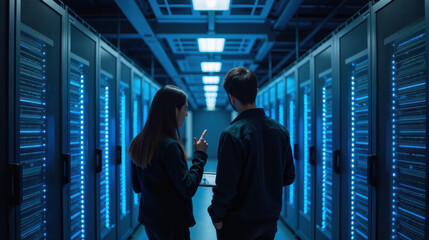 Data center technology servers blue lighting teamwork discussion digital modern infrastructure communication professionals computing information