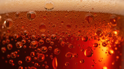 Bubbles rise in glass of amber liquid, creating refreshing and inviting atmosphere. texture and color enhance visual appeal