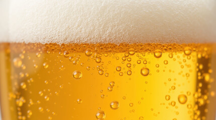 Golden beer with frothy head and bubbles, showcasing refreshing beverage qualities and inviting texture