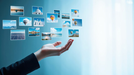 Innovative hand displaying floating images of landscapes, architecture, and hot air balloons, symbolizing creativity and inspiration
