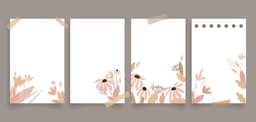 Minimal Autumn Floral Note Paper Templates set with torn tape effects, ideal for printable stationery, journaling, planners, digital scrapbooking, invitations, and note taking apps.Vector illustration
