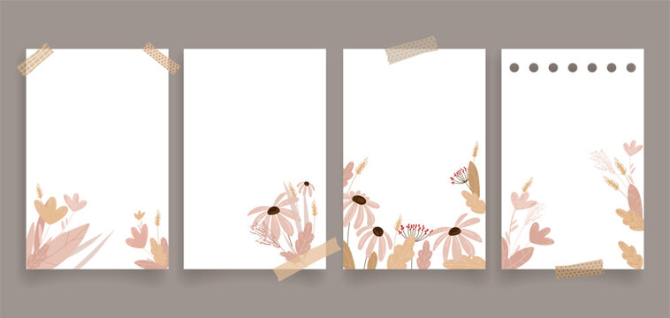 Minimal Autumn Floral Note Paper Templates set with torn tape effects, ideal for printable stationery, journaling, planners, digital scrapbooking, invitations, and note taking apps.Vector illustration