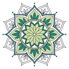 Colorful geometric mandala with leaf motifs, meditation, mindfulness and decorative art background