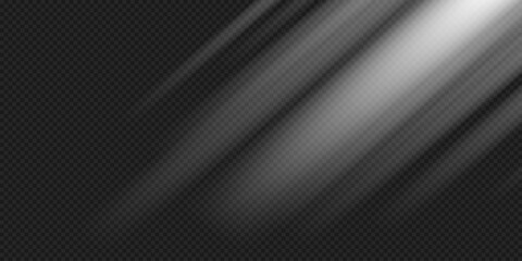 Diagonal spotlight or solar beam effect on a transparent background with realistic lighting for overlays, poster designs, digital presentations, video editing. Vector graphics