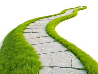 Stone path on green grass bending into the distance, symbolizing journey, progress, and natural scenery. Generative AI