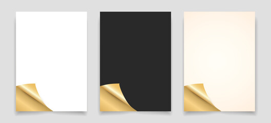 Realistic paper templates set with curled golden corners in white, black, and beige set, perfect for luxury branding, invitations, packaging design, product mockups, and business stationery.Vector