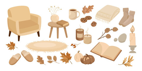 Cozy Autumn elements with armchair, candles, socks, cookies, pumpkin, leaves, book, and warm drinks in soft neutral tones Vector set. Seasonal icons, blog graphics, social media, packaging, lifestyle