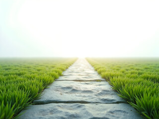 Straight stone path cutting through a grass field under bright morning light, evoking clarity and purpose. Generative AI