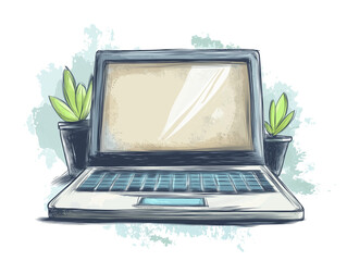 Hand-Drawn Laptop Illustration with Green Plants – Remote Work and Digital Lifestyle Concept 