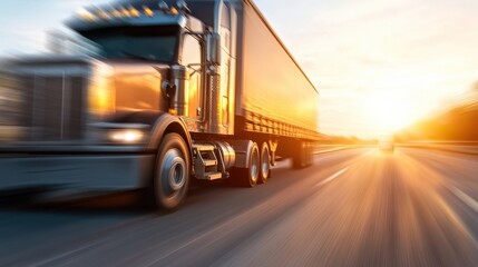 A dynamic and blurred image of a freight truck speeding down the highway at sunset, representing the essence of transportation and the flow of logistics.