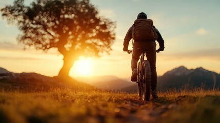 A mountain biker silhouetted against a breathtaking sunset, evoking feelings of adventure, freedom, and the beauty of nature as they ride along the scenic path.