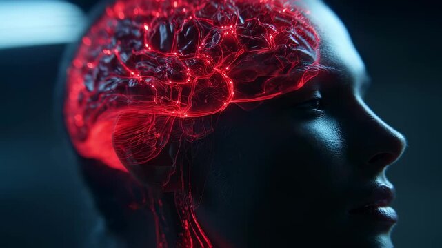 Red glowing brain activity is visualized inside a woman's head, suggesting intense mental processes, possibly related to jet lag or other neurological phenomena