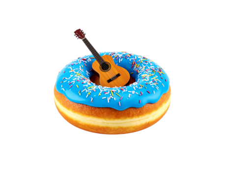 Blue Glazed Donut with Sprinkles and Miniature Acoustic Guitar.