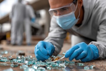 A focused man in protective gear is carefully examining glass fragments at a crime scene, highlighting the importance of evidence collection in forensic investigations.