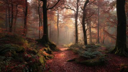 Fototapeta premium 初光差し込む秋紅葉の神秘林道