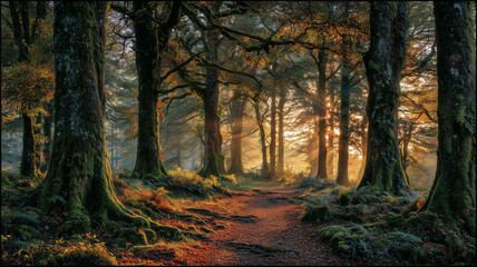 Obraz premium 初光差し込む秋紅葉の神秘林道