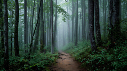 Obraz premium 霧漂う樹林の秘密の小径
