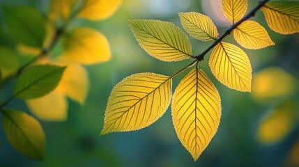 Detailed Close Up of Vibrant Yellow and Green Autumn Leaves with Soft Focus Background in Warm Sunlight