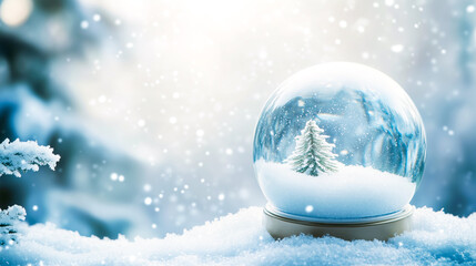 A beautiful snow globe featuring a small pine tree surrounded by snowflakes, creating a serene winter scene perfect for the holiday season.