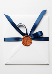 White Envelope with Ribbon and Copper Wax Seal on Clean Background