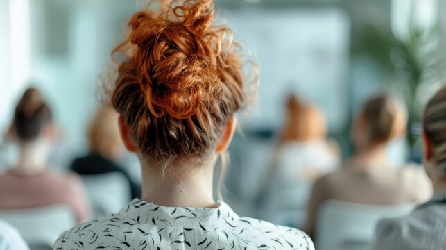 This image captures the back view of a woman with curly hair amidst an audience, emphasizing the sense of community, engagement, and shared moments in clustered gatherings.