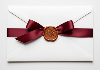 White Envelope with Ribbon and Copper Wax Seal on Clean Background