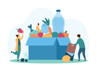 Tiny characters placing various food items into a large donation box, including fruits, vegetables, and packaged goods. Concept of food donation and community support vector illustration