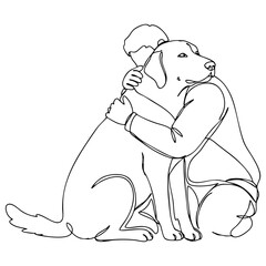 Obraz premium Vector line art of a man kneeling and hugging a large Labrador retriever, full of care and loyalty