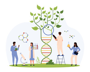 Genetic research and biotechnology discovery in scientific laboratory. Tiny people with magnifying glass growing green plant with leaf from DNA of cell in lab experiment cartoon vector illustration