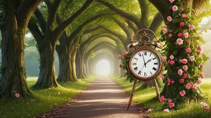Fantastical Path Lined with Arching Trees and a Vintage Clock Adorned with Pink Roses - Powered by Adobe