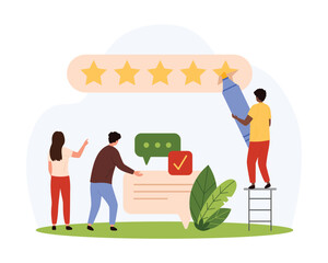 Customer feedback, review service. Tiny people with marker write five yellow rating stars, consumers share opinion about positive product experience in online form cartoon vector illustration
