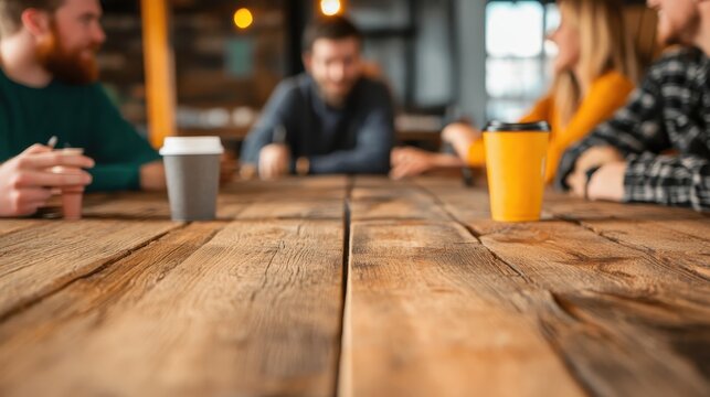 A group of friends engaged in casual conversation over steaming coffee at a rustic table highlights the warmth of friendship and joy of shared moments.