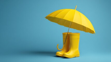 Yellow rain boots and umbrella on a light blue background