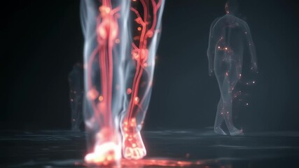 Medical animation showing glowing narrowed arteries in legs of an elderly man walking, highlighting the impact of peripheral artery disease - pad -