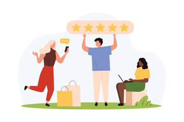 User experience, customers feedback vector illustration. Cartoon tiny people holding 5 stars award to rate product on evaluation survey service, client characters vote for excellence quality results