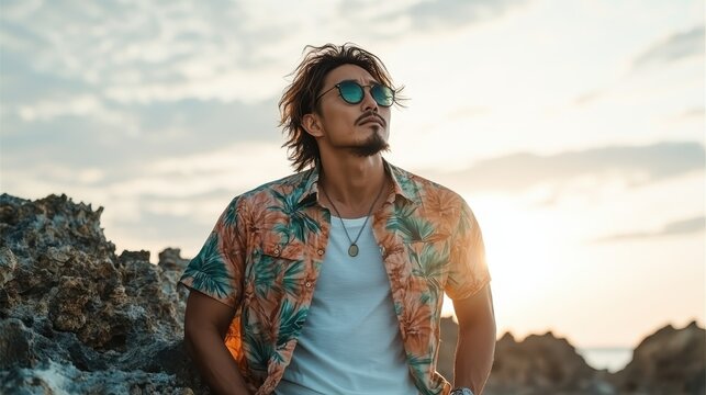 A fashionable man standing confidently on a rocky beach during sunset, embodying a relaxed lifestyle and a sense of adventure amidst breathtaking nature.