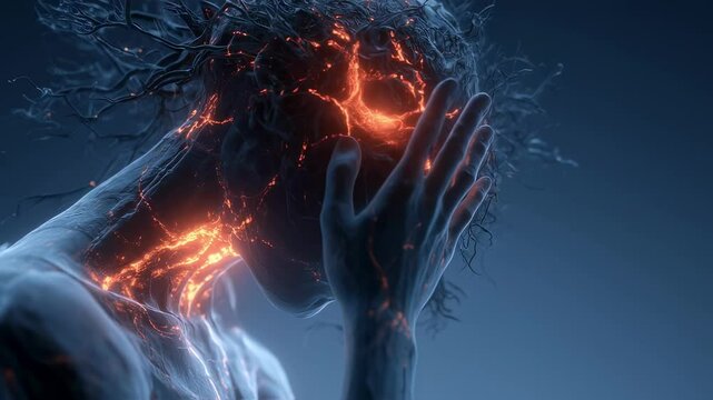 Intense emotional pain and trauma are visualized through glowing veins and energy flowing through an anatomical human head, depicting a flashback or ptsd episode