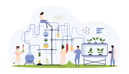 Research in biology, laboratory experiment on breeding, growing green plants. Tiny people grow leaf with scientific equipment, test tube systems with chemical liquids cartoon vector illustration