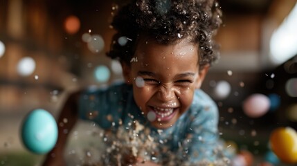 A joyful child captured in a moment of pure happiness as they play amidst colorful decorations, embodying the innocence and joy of childhood during festive celebrations.