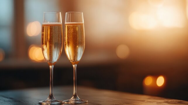 Two elegant champagne flutes filled with sparkling beverage set against a warm, blurred background, ideal for celebrating special occasions and joyful moments with loved ones.