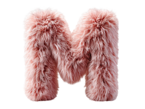 A unique letter "M" design, meticulously crafted from soft, plush, and fluffy materials, showcasing a beautiful shade of pink that evokes warmth, comfort, and sophistication.