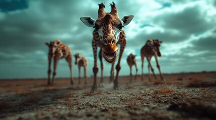 A group of playful and curious giraffes interacting in their natural habitat, showcasing the unique charm and majesty of wildlife against a dramatic sky.