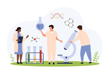 Laboratory research in chemistry, pharmacy and biotechnology vector illustration. Cartoon tiny people holding flask with sample for analysis by microscope, scientists test gene and molecular structure