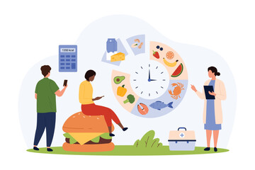 Counting calories in food for weight loss using mobile calculator app. Tiny people plan daily diet on advice of nutritionist, control menu on chart planner with clock cartoon vector illustration