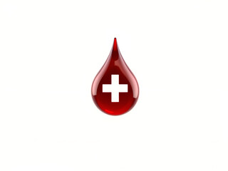 Obraz premium Red blood drop with a white cross on white background, symbolizing health care and donation. Generative AI