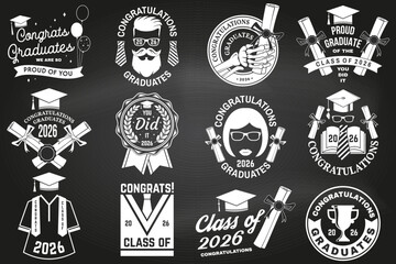 Set of Vector Class of 2026 badges on the chalkboard. Vector illustration. Concept for shirt, print, seal, overlay or stamp, greeting, invitation card. Typography design. For class of 2026 graduation.