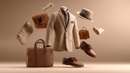 Beige/Tan men's fashion, business style.  A collection of luxury clothes and accessories are levitating in a studio environment
